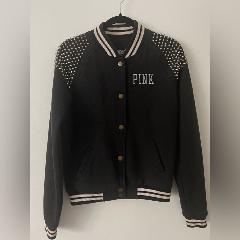 Victorias Secret Pink STUDDED Bomber Varsity Jacket